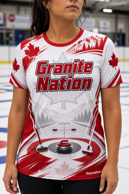 Granite Nation White Curling Jersey — custom curling jersey worn on model — TeamGear Canada