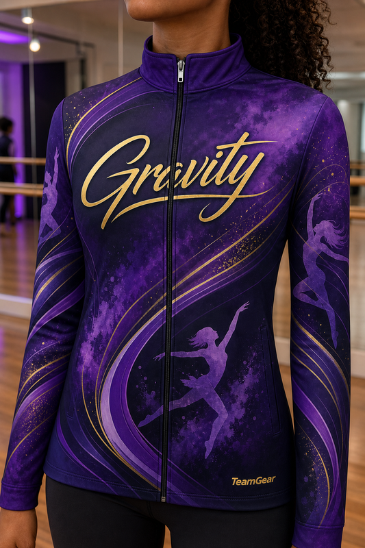Gravity Purple Dance Jacket — custom dance jacket worn on model — TeamGear Canada