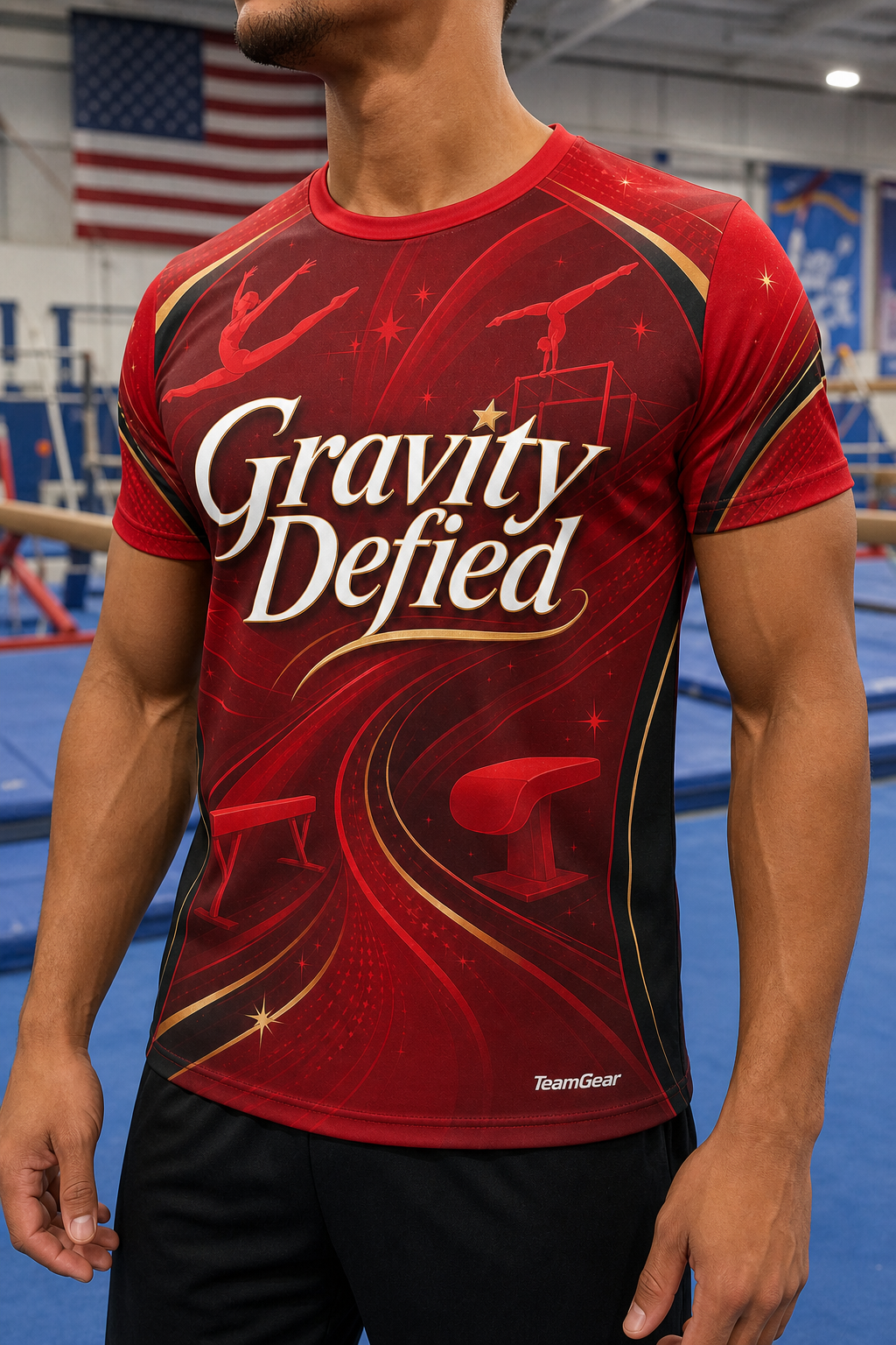 Gravity Defied Red Gymnastics Jersey — custom gymnastics jersey worn on model — TeamGear Canada