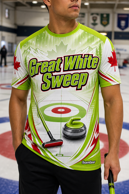 Great White Sweep Lime Curling Jersey — custom curling jersey worn on model — TeamGear Canada
