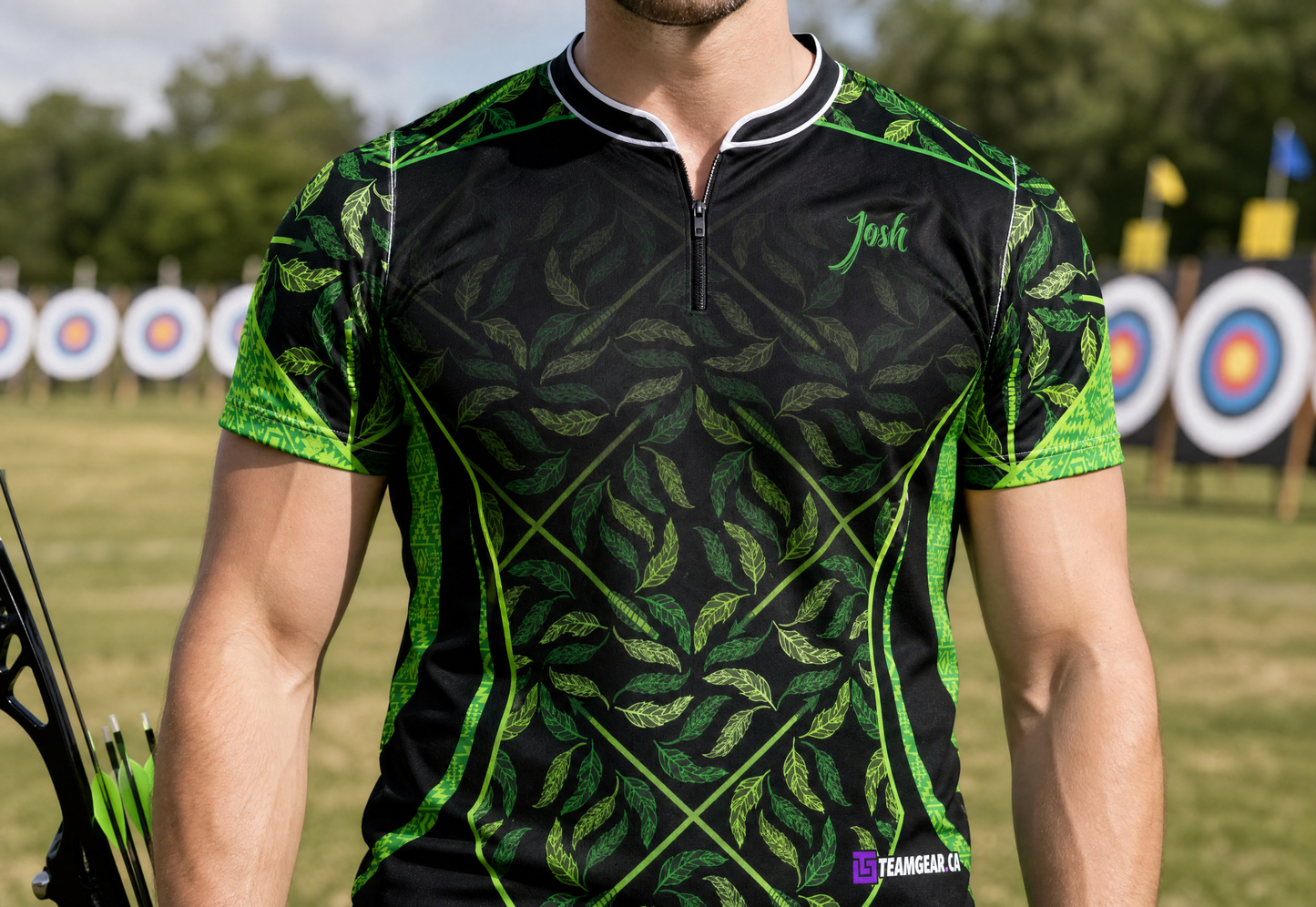 Green Deer Archery Jersey — custom archery jersey worn on model — TeamGear Canada