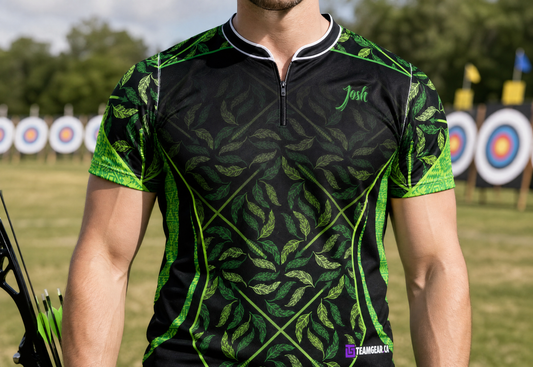 Green Deer Archery Jersey — custom archery jersey worn on model — TeamGear Canada