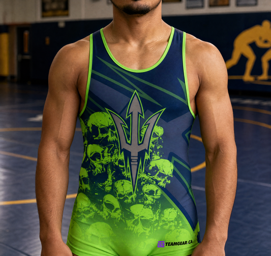Green Devils Wrestling Singlet — custom wrestling team apparel worn on model — TeamGear Canada