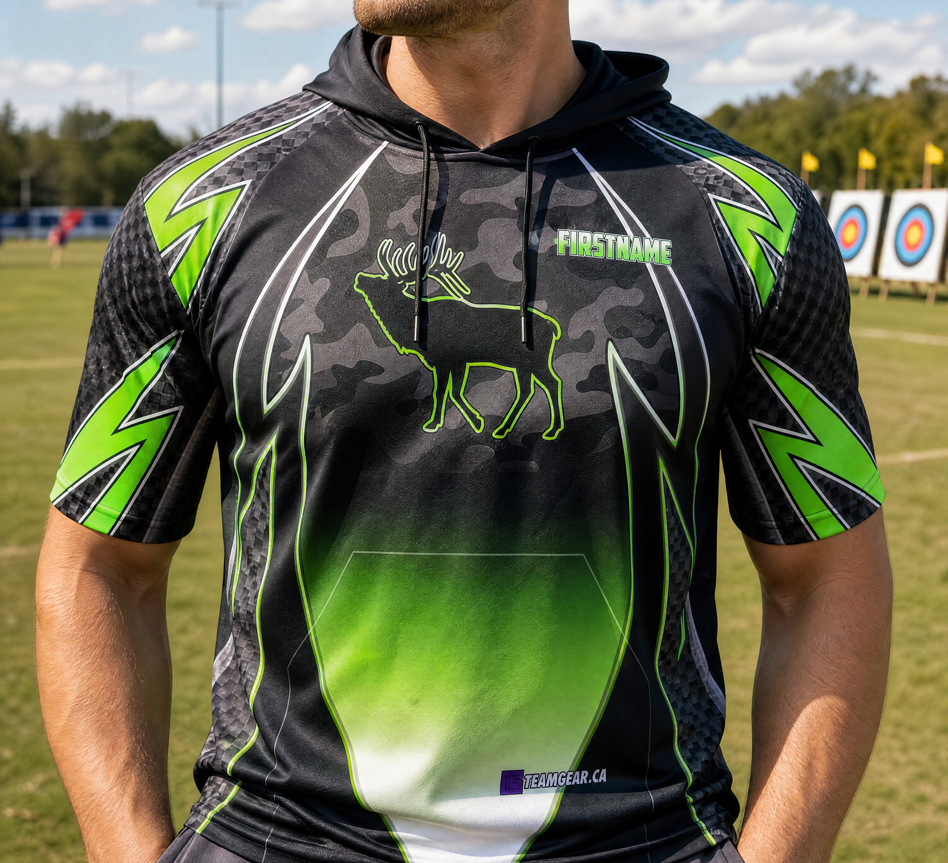Green Elk Archery Hoodie — custom archery hoodie worn on model — TeamGear Canada
