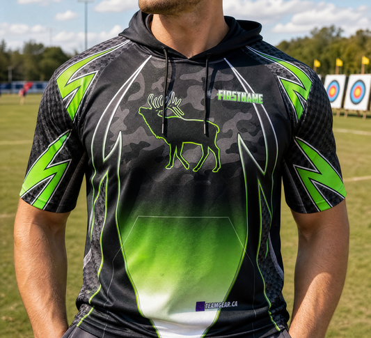 Green Elk Archery Hoodie — custom archery hoodie worn on model — TeamGear Canada