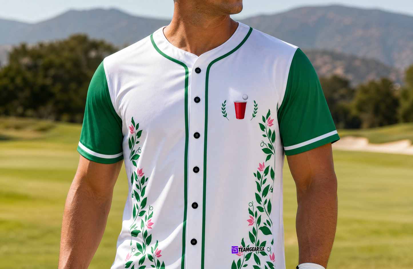 Green Floral Golf Jersey — custom golf jersey worn on model — TeamGear Canada