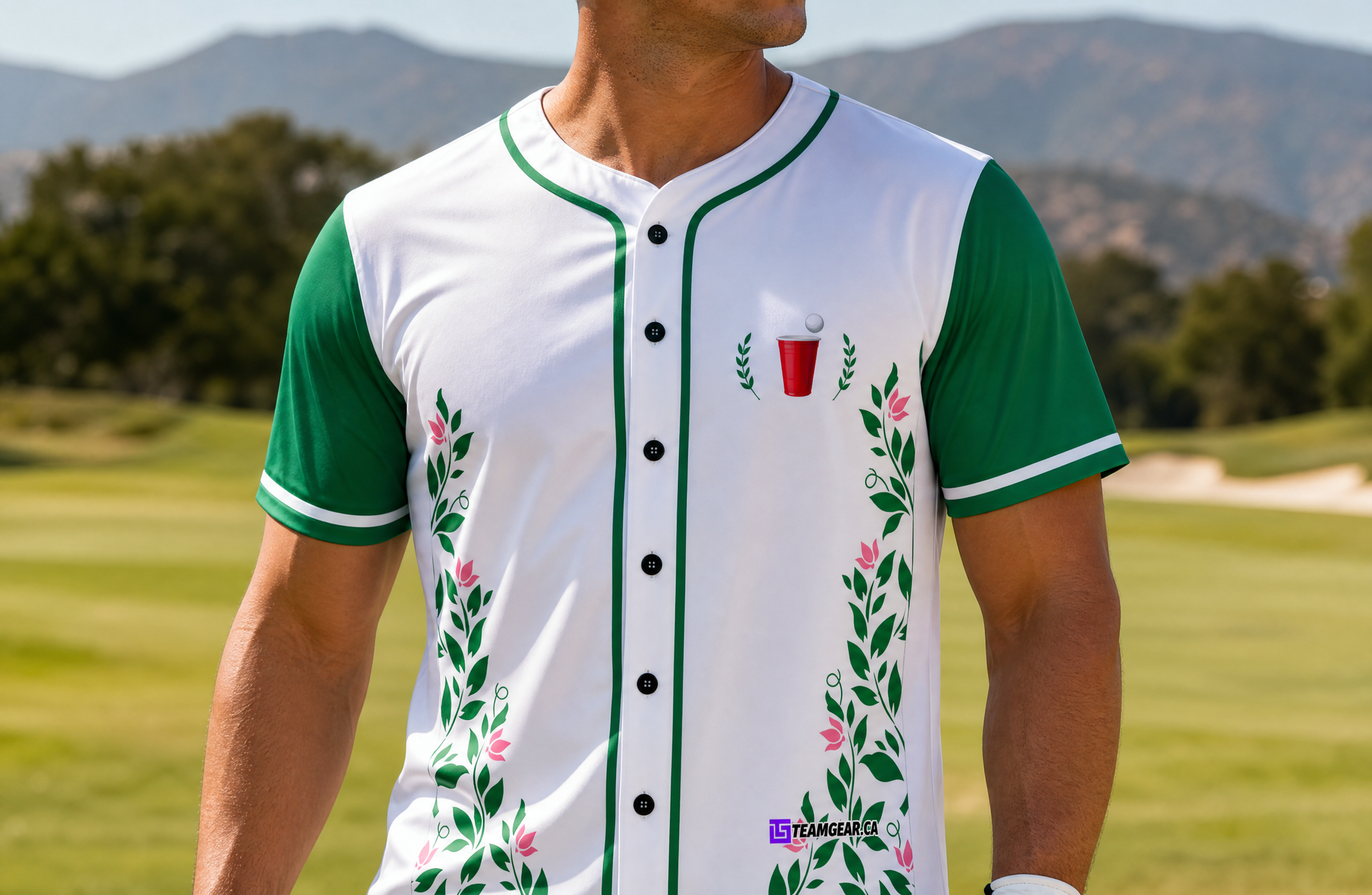 Green Floral Golf Jersey — custom golf jersey worn on model — TeamGear Canada