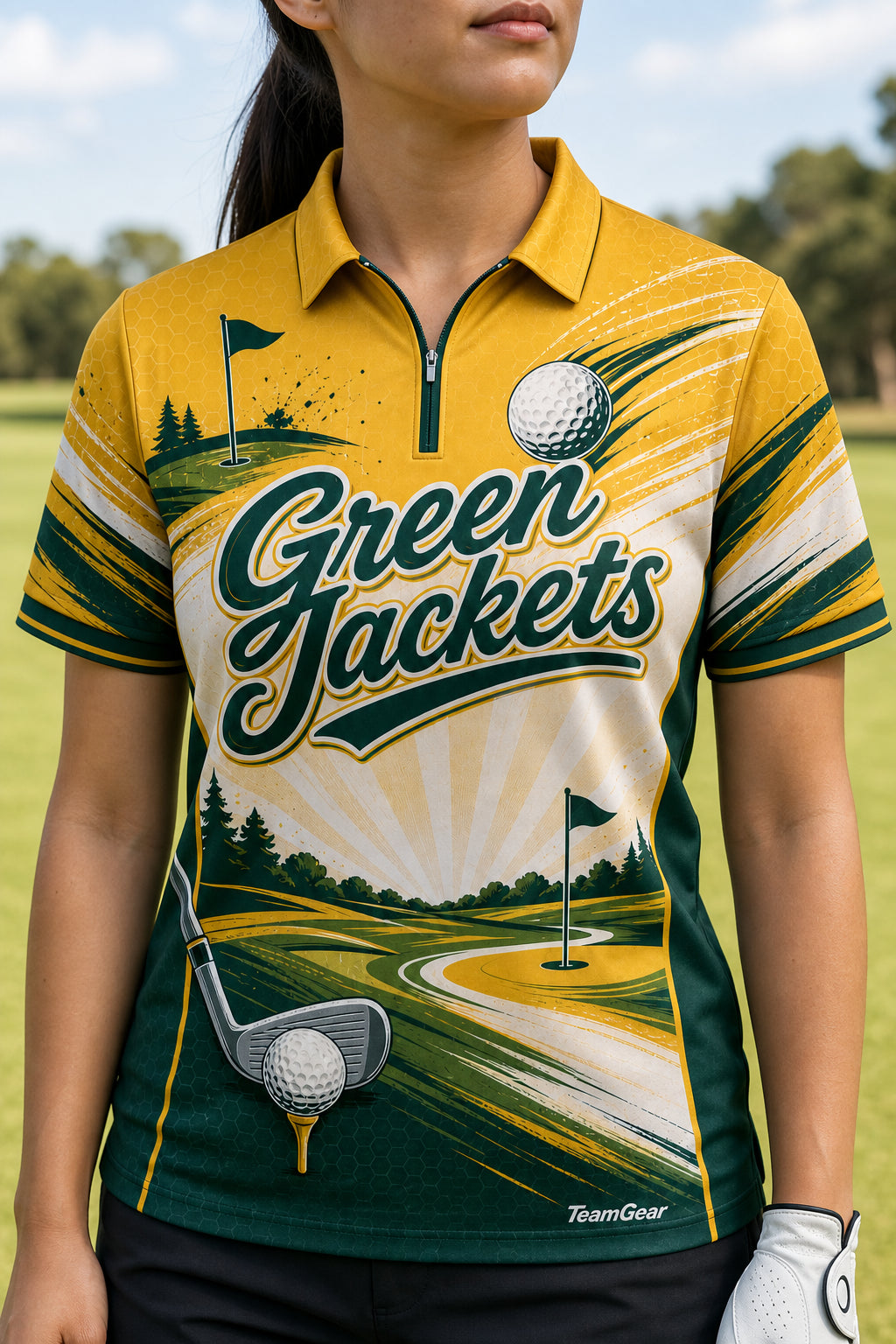 Green Jackets Gold Golf Polo — custom golf jacket worn on model — TeamGear Canada