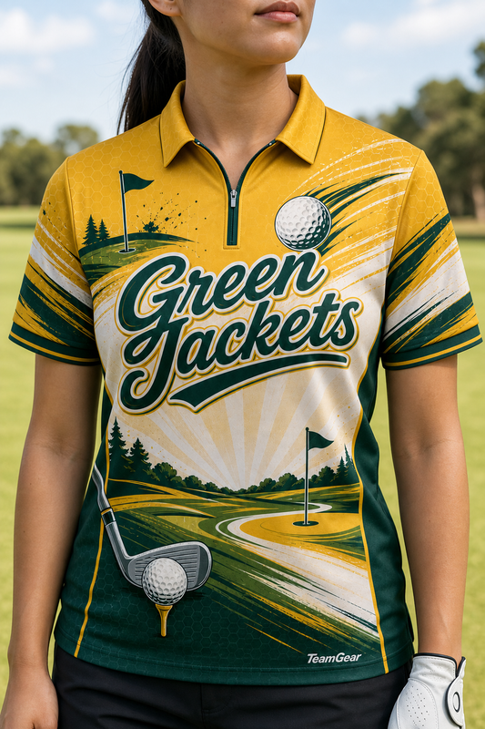 Green Jackets Gold Golf Polo — custom golf jacket worn on model — TeamGear Canada
