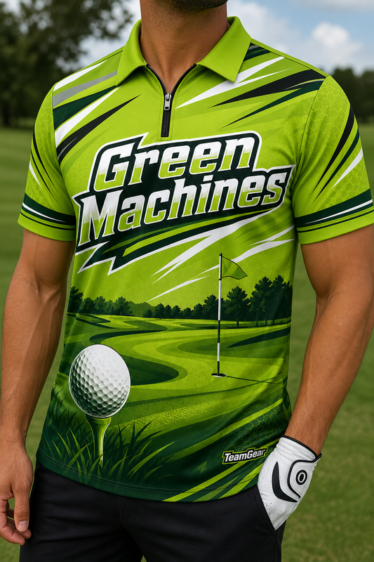 Green Machines Lime Golf Polo — custom golf team apparel worn on model — TeamGear Canada