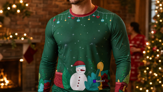 Green Ugly Christmas Sweater — custom christmas team apparel worn on model — TeamGear Canada