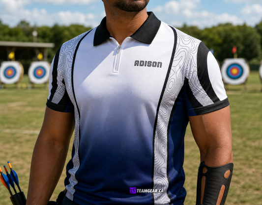 Grey and Blue Archery Shooting Jersey — custom archery jersey worn on model — TeamGear Canada