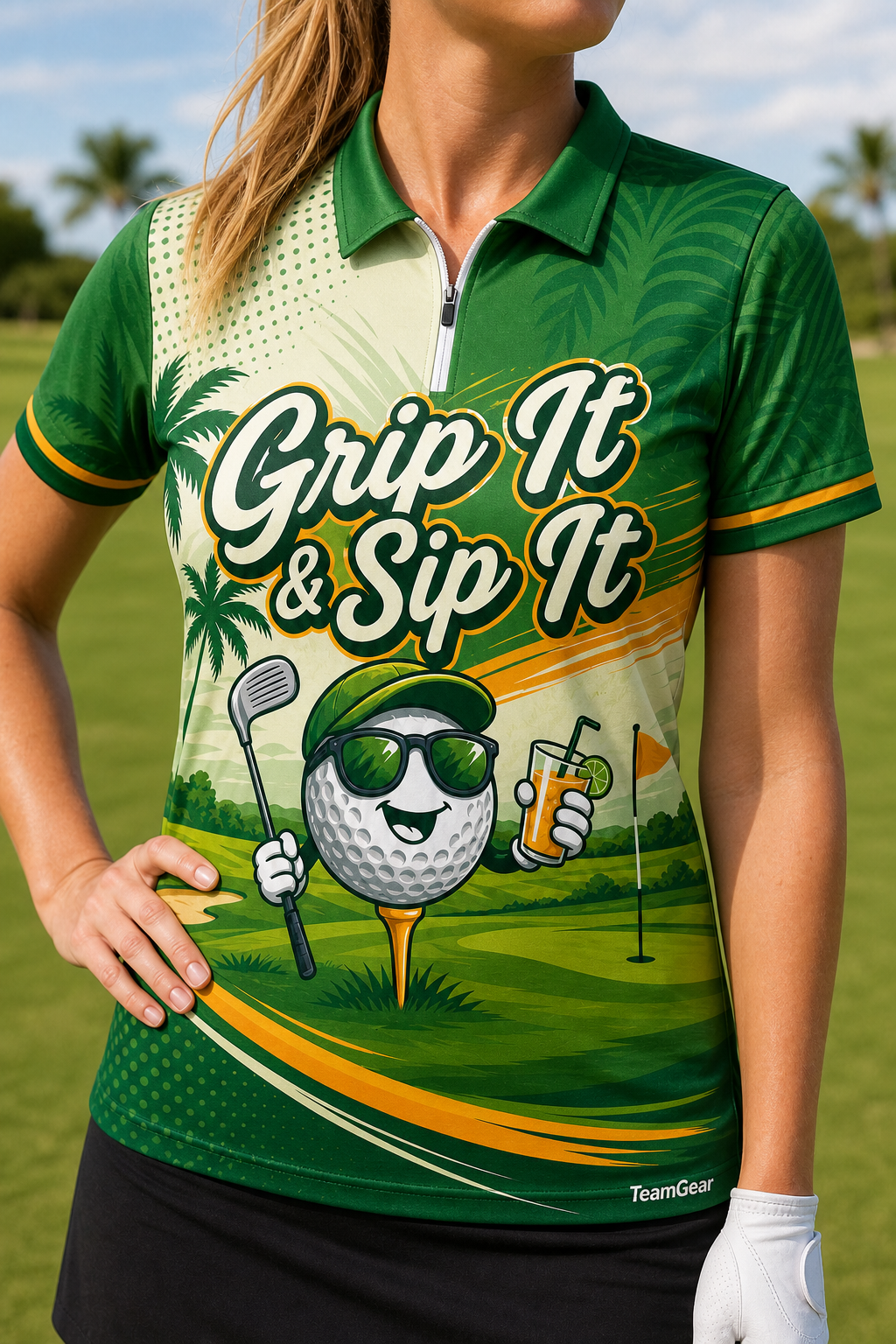 Grip It & Sip It Green Golf Polo — custom golf team apparel worn on model — TeamGear Canada