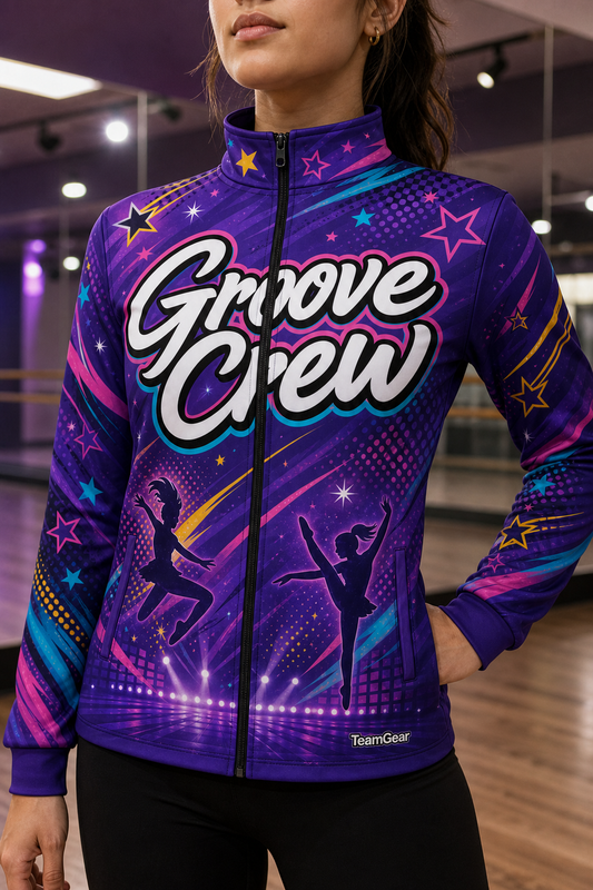 Groove Crew Purple Dance Jacket — custom dance jacket worn on model — TeamGear Canada
