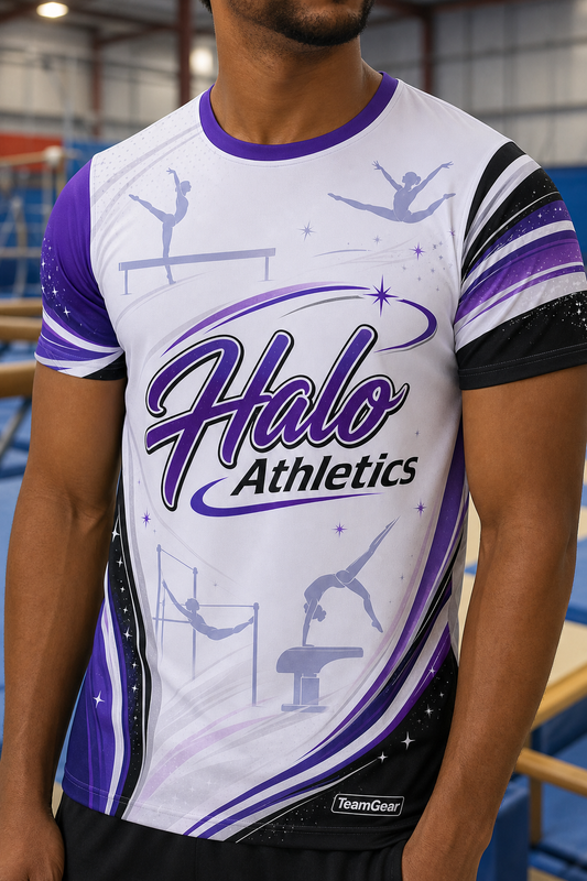 Halo Athletics White Gymnastics Jersey — custom gymnastics jersey worn on model — TeamGear Canada