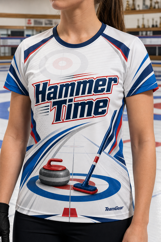 Hammer Time White Curling Jersey — custom curling jersey worn on model — TeamGear Canada