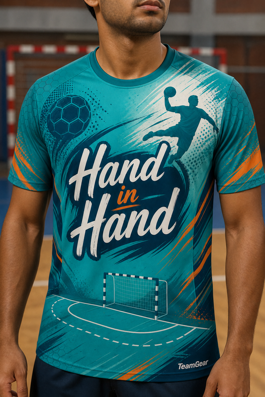 Hand in Hand Teal Handball Jersey — custom handball jersey worn on model — TeamGear Canada