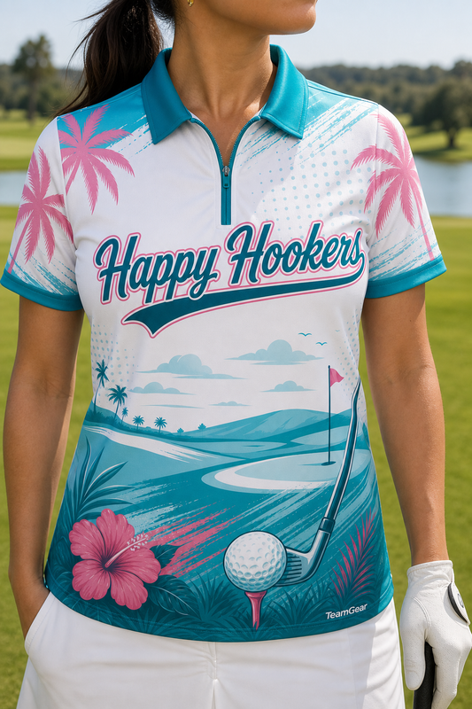 Happy Hookers White Golf Polo — custom golf team apparel worn on model — TeamGear Canada