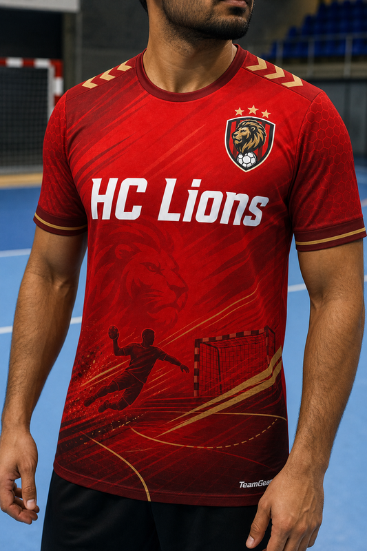 HC Lions Red Handball Jersey — custom handball jersey worn on model — TeamGear Canada