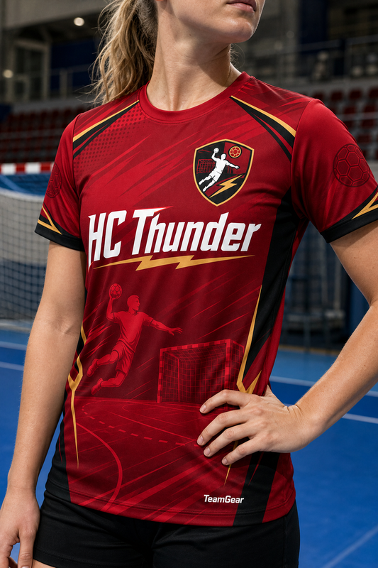 HC Thunder Crimson Handball Jersey — custom handball jersey worn on model — TeamGear Canada