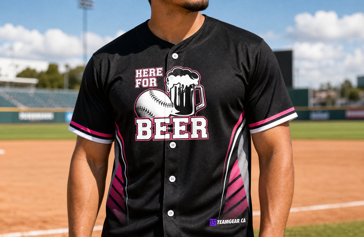 Here for Beer Black Baseball Jersey Full Button — custom baseball jersey worn on model — TeamGear Canada