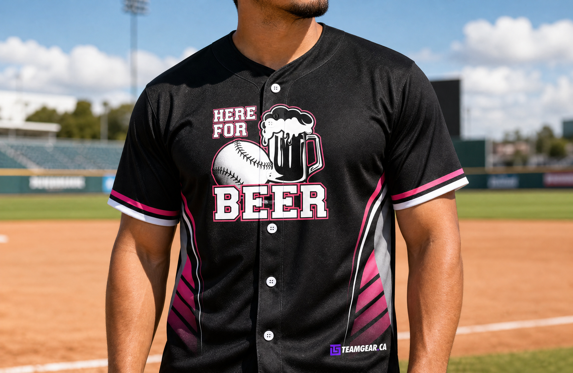 Here for Beer Black Baseball Jersey Full Button — custom baseball jersey worn on model — TeamGear Canada
