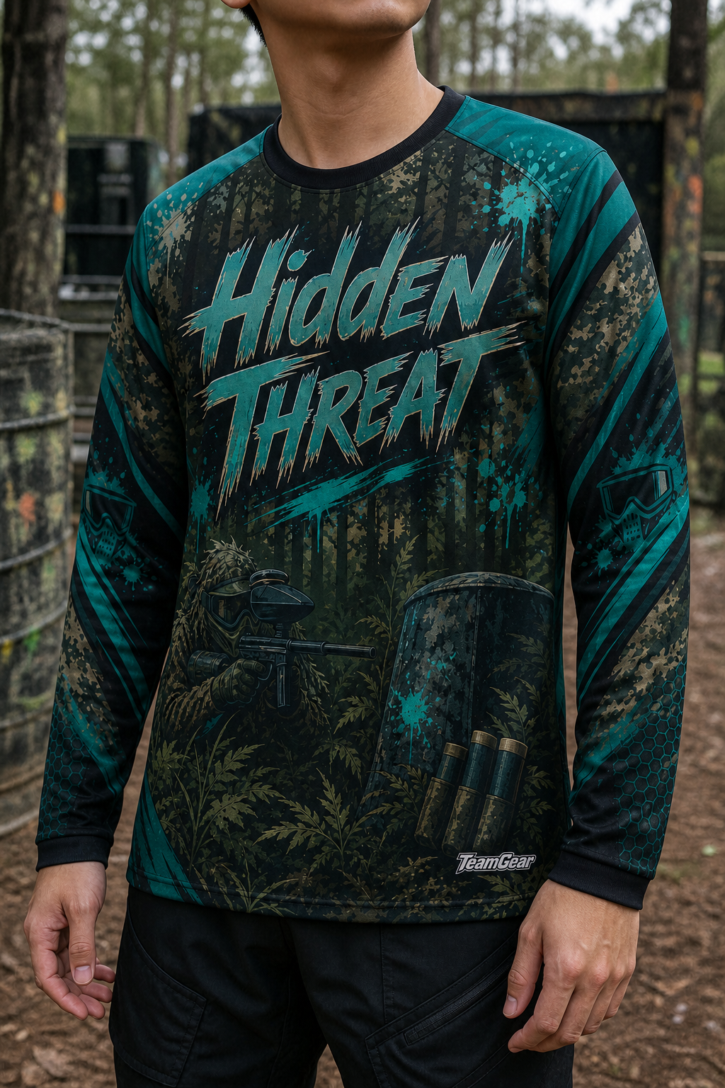 Hidden Threat Teal Long Sleeve Paintball Jersey — custom paintball jersey worn on model — TeamGear Canada
