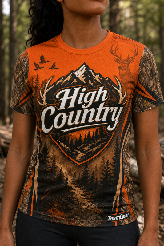 High Country Orange Hunting Jersey — custom hunting jersey worn on model — TeamGear Canada