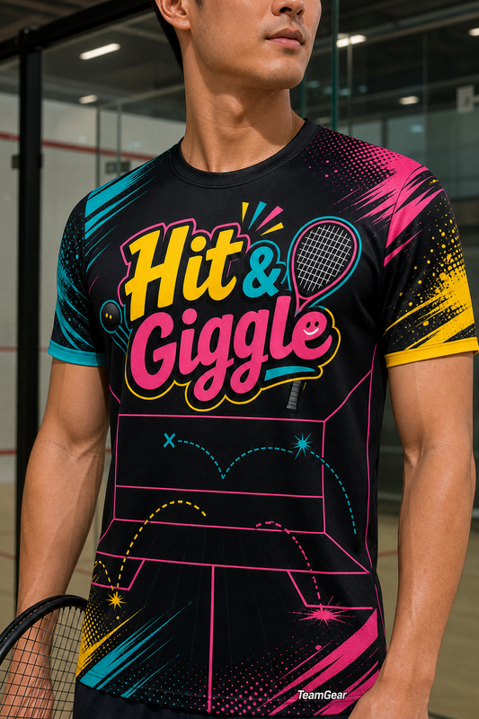 Hit & Giggle Black Squash Jersey — custom squash jersey worn on model — TeamGear Canada