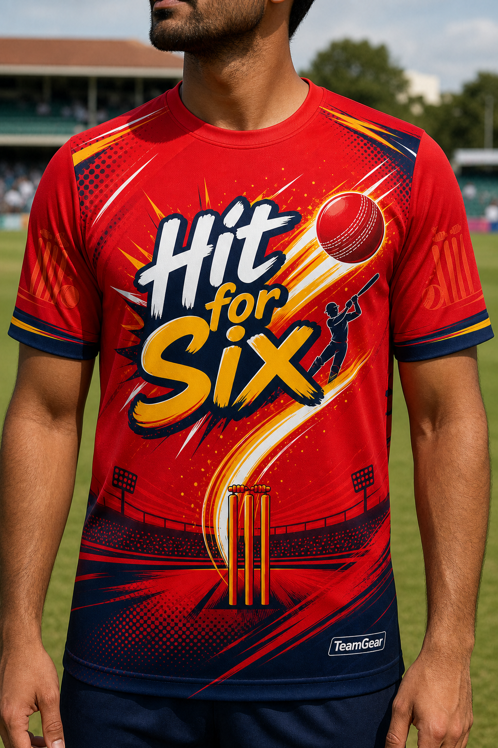 Hit for Six Red Cricket Jersey — custom cricket jersey worn on model — TeamGear Canada