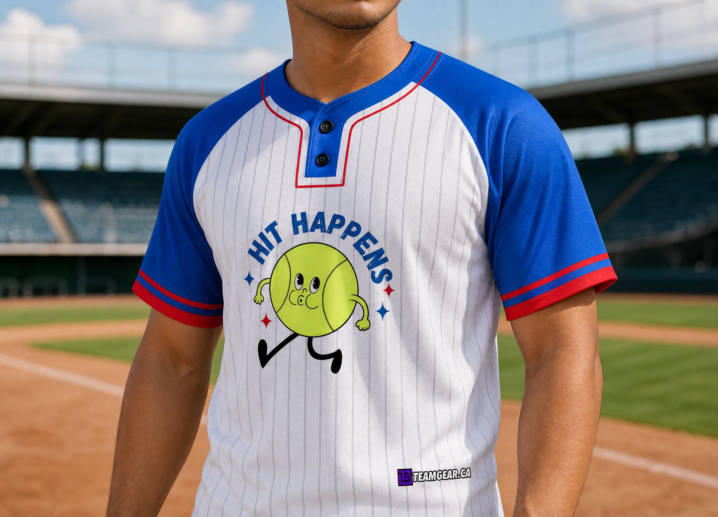 Hit Happens Blue Pinstripe Baseball Jersey — custom baseball jersey worn on model — TeamGear Canada