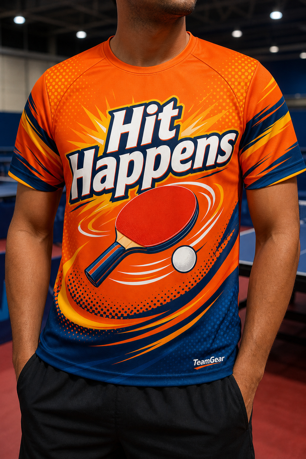 Hit Happens Orange Table Tennis Jersey — custom table tennis jersey worn on model — TeamGear Canada