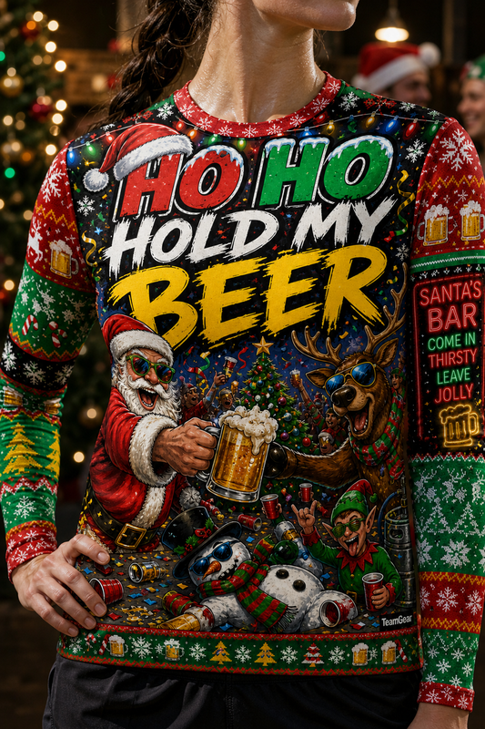 Ho Ho Hold My Beer Ugly Christmas Sweater — custom christmas team apparel worn on model — TeamGear Canada