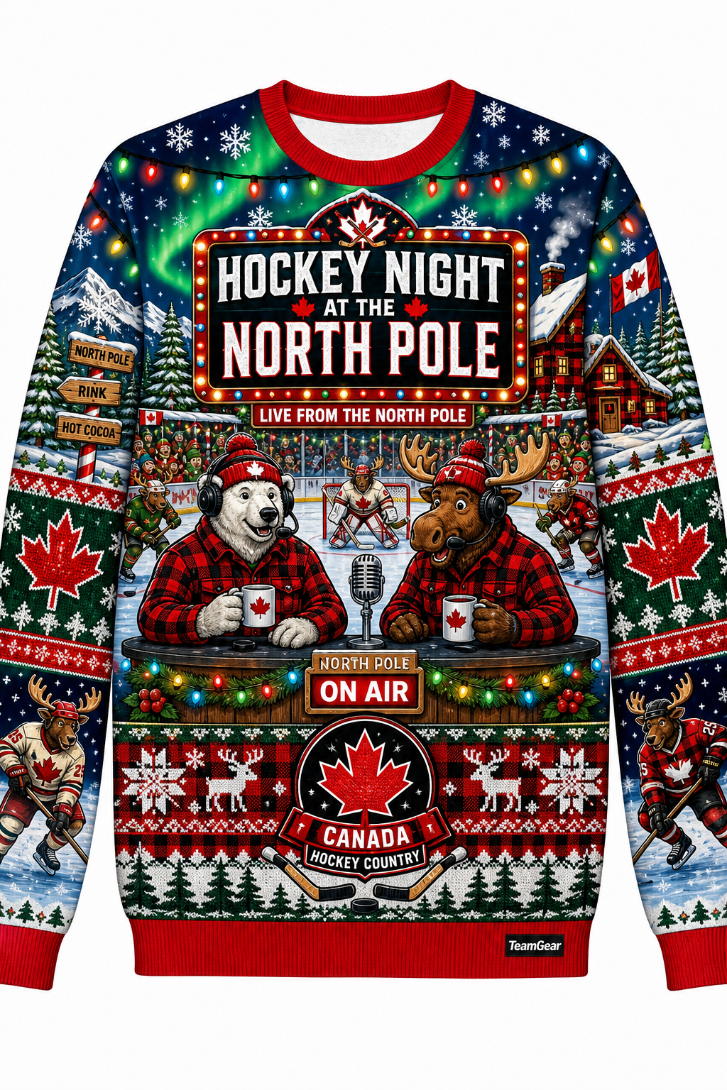 Hockey Night at the North Pole Ugly Christmas Sweater design