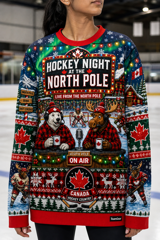 Hockey Night at the North Pole Ugly Christmas Sweater — custom hockey team apparel worn on model — TeamGear Canada