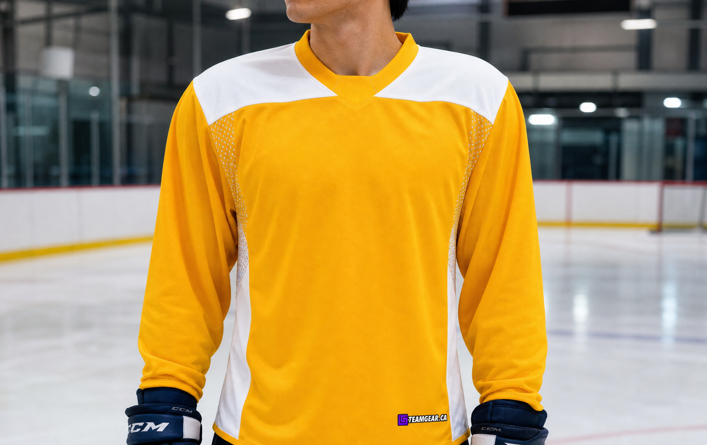 Hockey Practice Jersey Gold — custom hockey jersey worn on model — TeamGear Canada