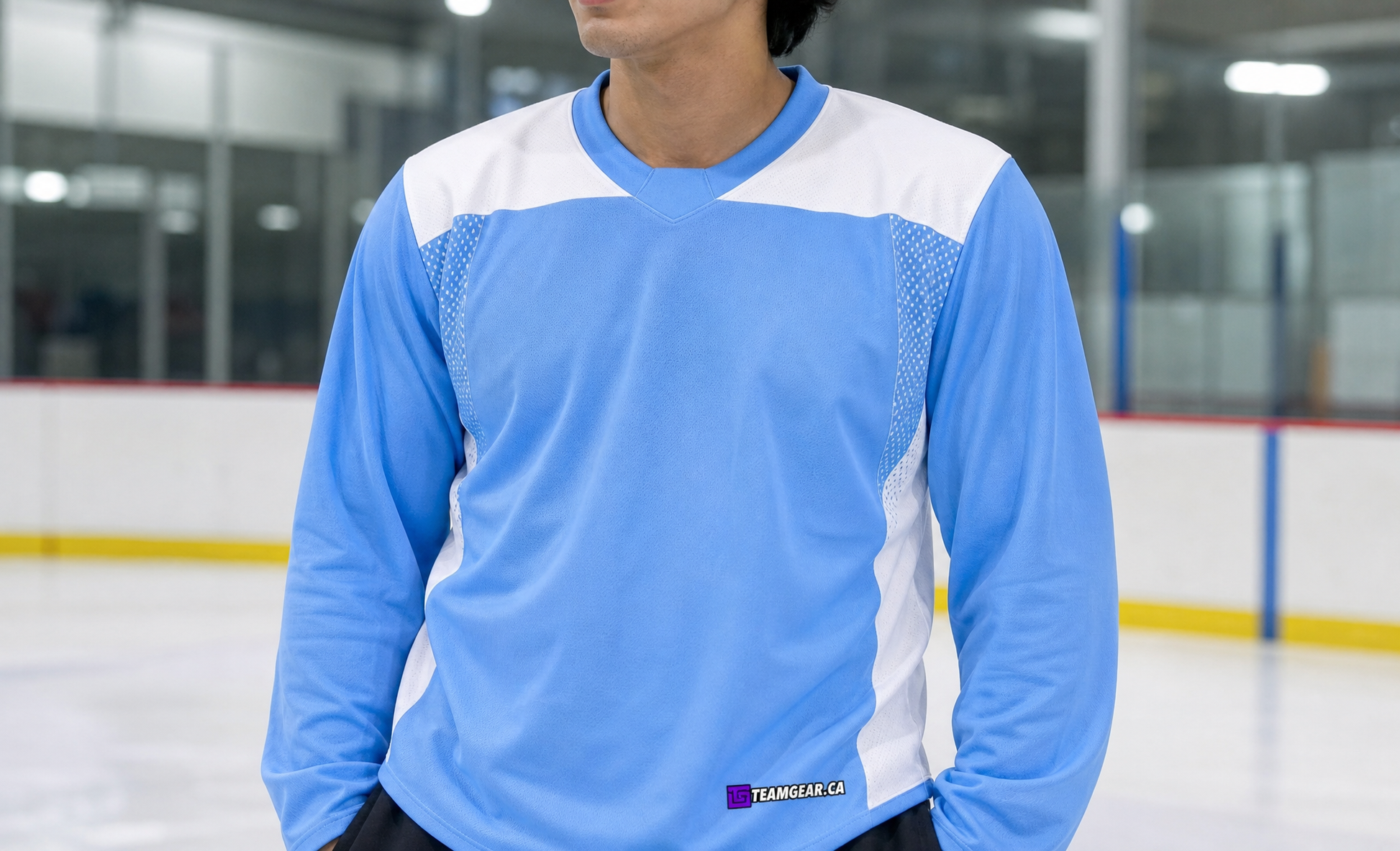 Hockey Practice Jersey Powder Blue — custom hockey jersey worn on model — TeamGear Canada