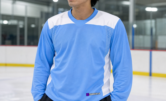 Hockey Practice Jersey Powder Blue — custom hockey jersey worn on model — TeamGear Canada