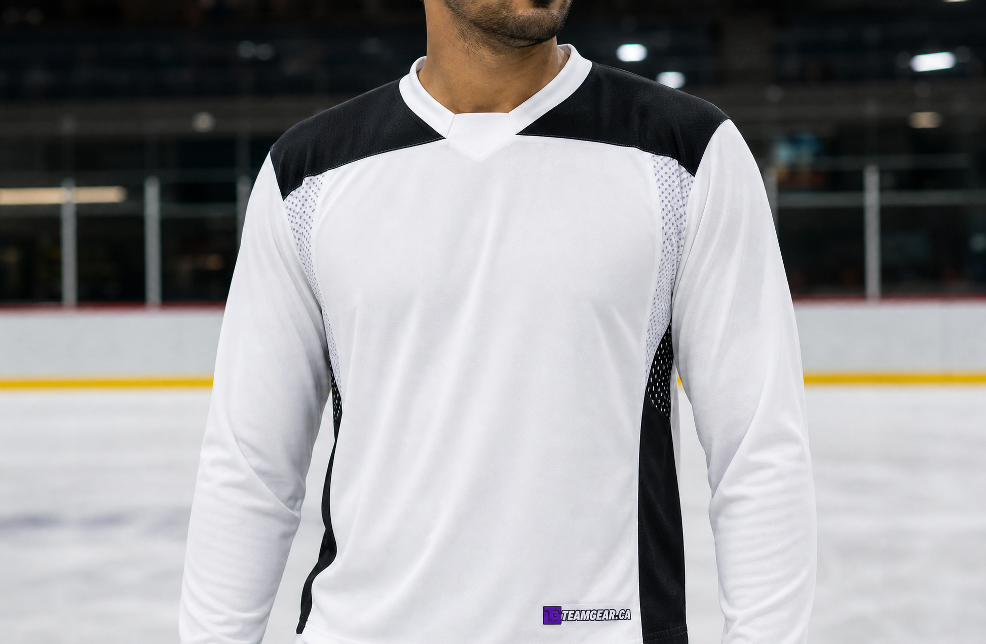 Hockey Practice Jersey White — custom hockey jersey worn on model — TeamGear Canada