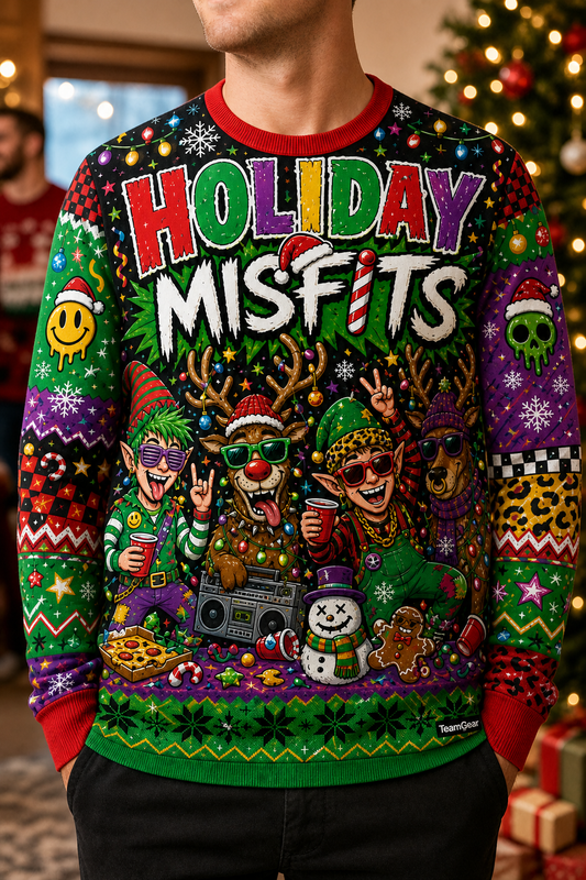 Holiday Misfits Ugly Christmas Sweater — custom christmas team apparel worn on model — TeamGear Canada