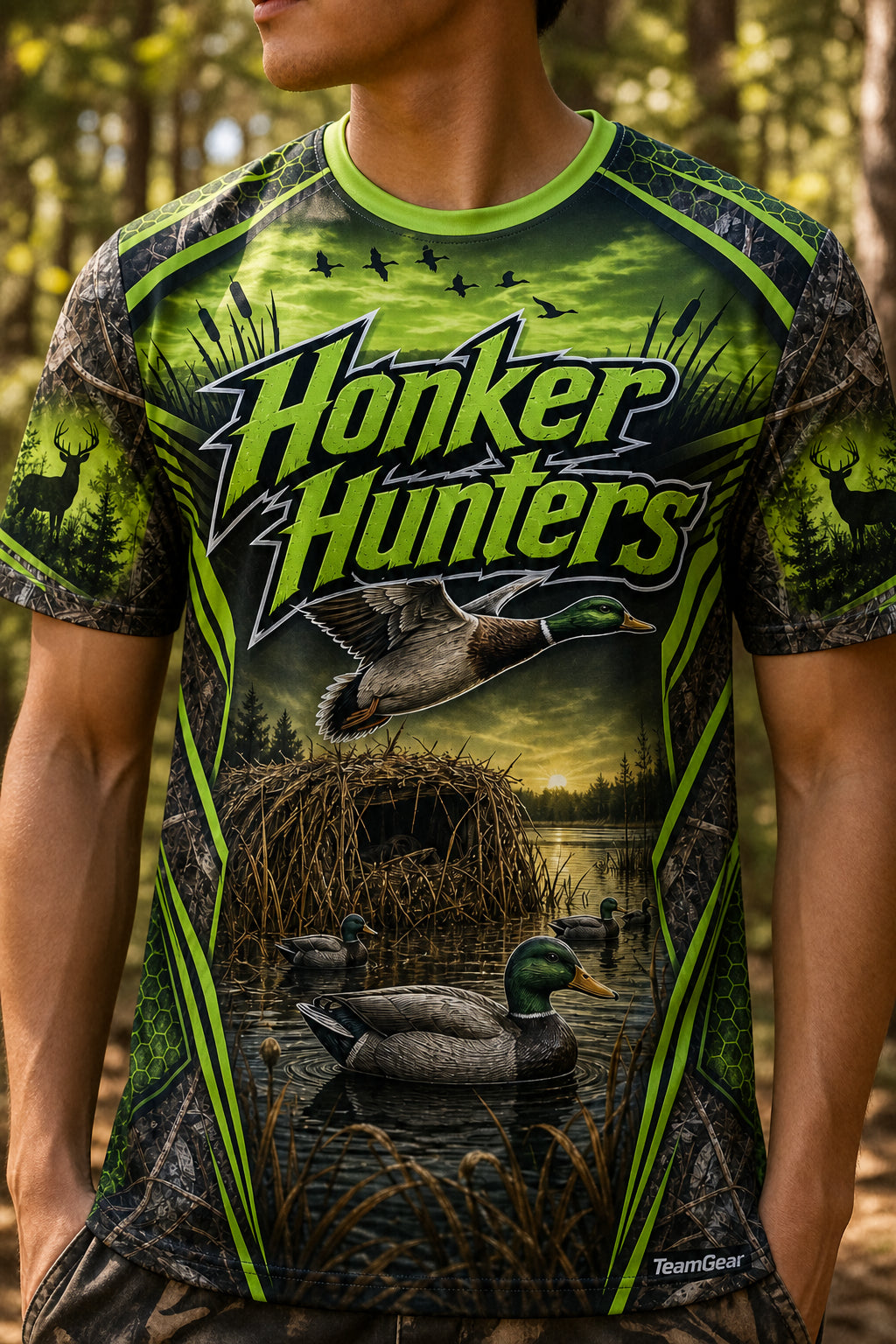 Honker Hunters Lime Hunting Jersey — custom hunting jersey worn on model — TeamGear Canada