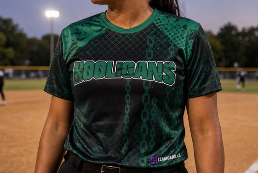 Hooligans Softball Jersey — custom softball jersey worn on model — TeamGear Canada