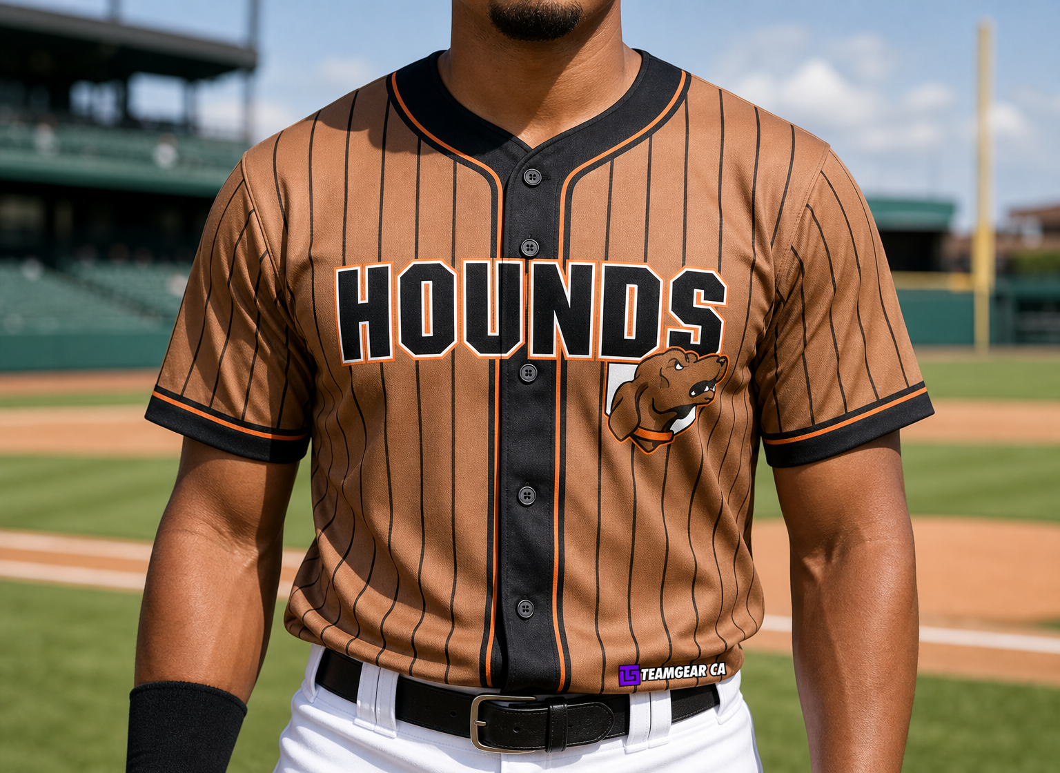 Hounds Brown Baseball Jersey Full Button — custom baseball jersey worn on model — TeamGear Canada