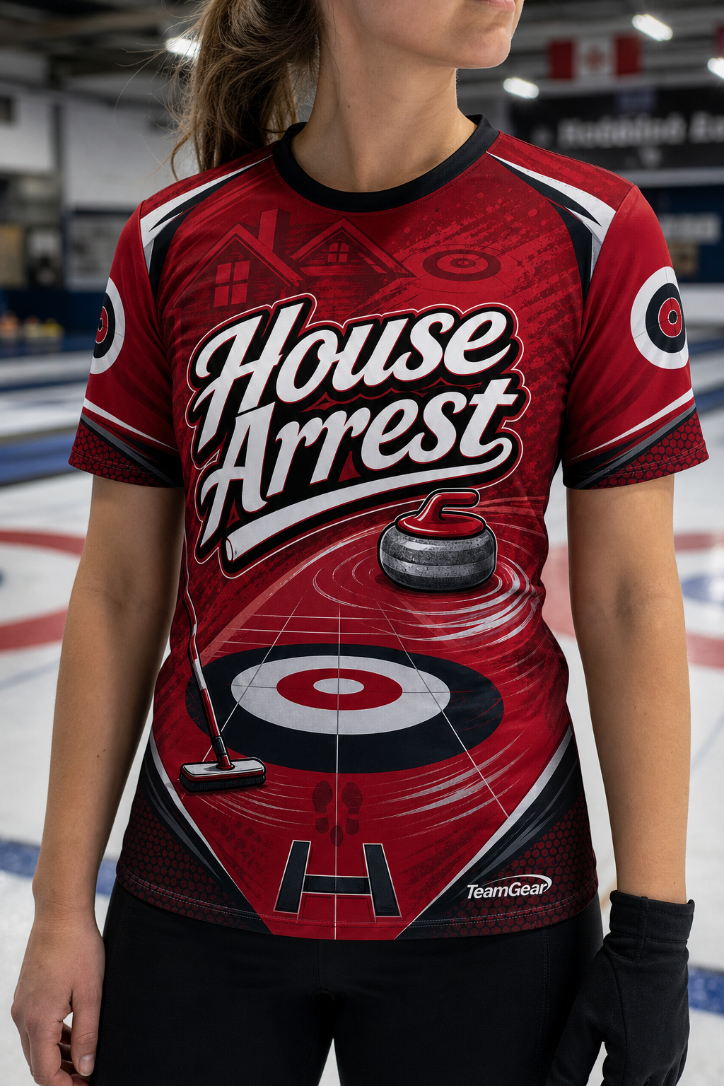 House Arrest Crimson Curling Jersey — custom curling jersey worn on model — TeamGear Canada
