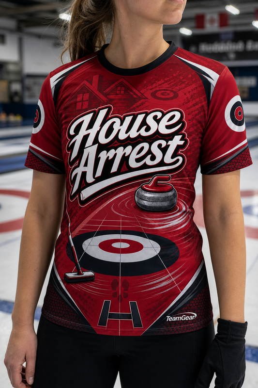 House Arrest Crimson Curling Jersey — custom curling jersey worn on model — TeamGear Canada