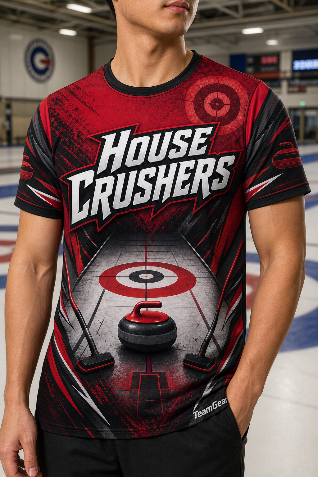 House Crushers Red Curling Jersey — custom curling jersey worn on model — TeamGear Canada