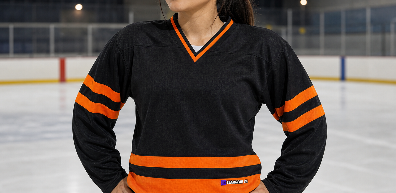 House League Hockey Jersey Black/Bright Orange — custom hockey jersey worn on model — TeamGear Canada