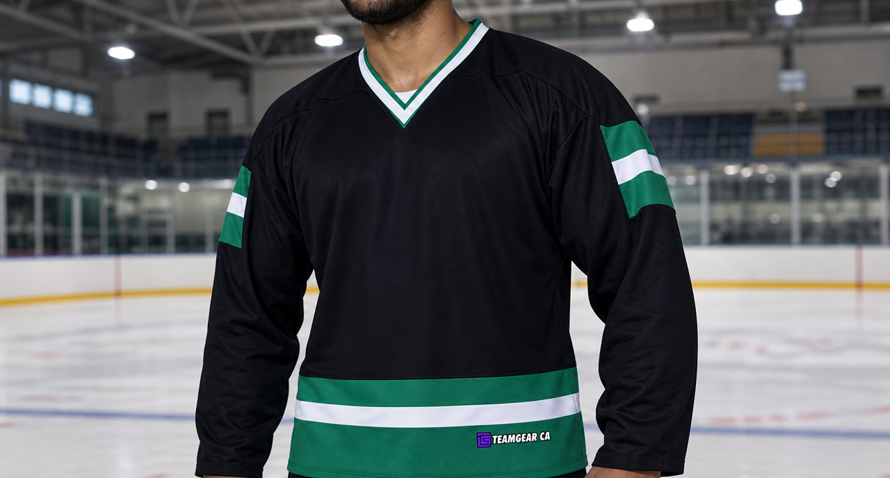 House League Hockey Jersey Black/Kelly Green/White — custom hockey jersey worn on model — TeamGear Canada