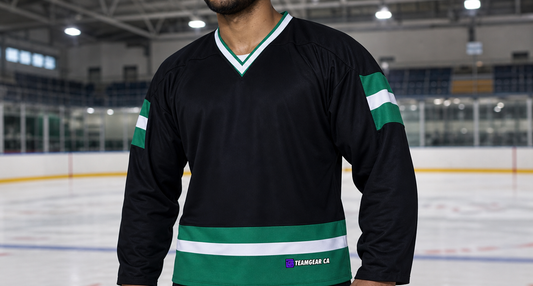 House League Hockey Jersey Black/Kelly Green/White — custom hockey jersey worn on model — TeamGear Canada
