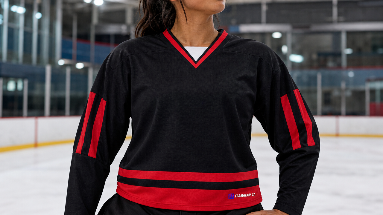 House League Hockey Jersey Black/Red — custom hockey jersey worn on model — TeamGear Canada